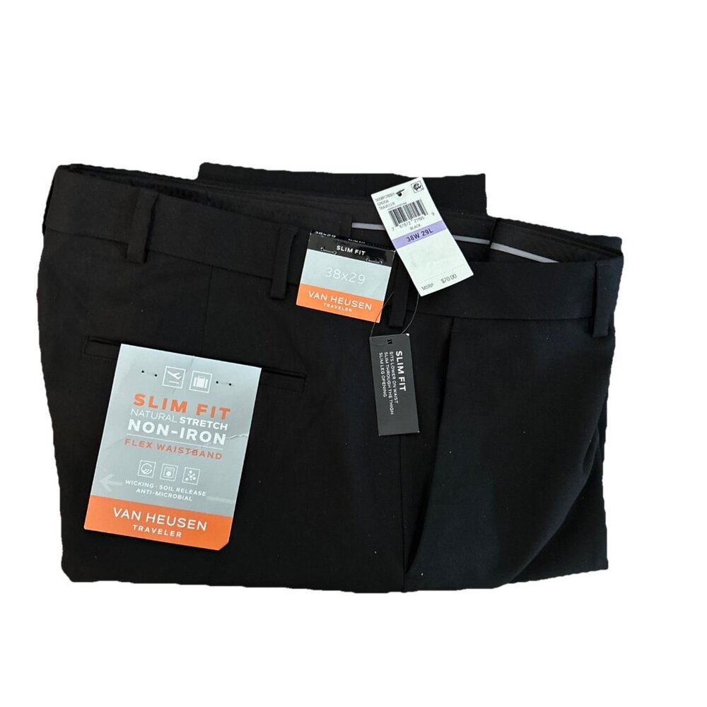 Van Heusen Traveler Slim Fit Stretch Trouser Dress Pants Men’s 38x29 Black New